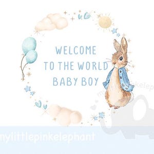 May include: Watercolor illustration with a bunny wearing a blue jacket, surrounded by a circular design of clouds, stars, and balloons. The text reads "WELCOME TO THE WORLD BABY BOY".