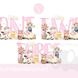 Anniversaire petite fille rose ferme grange anniversaire fille numéros 1-3 PNG, conception de sublimation d'animaux de ferme, conception de T shirt de ferme de fille, téléchargement immédiat