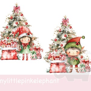 Elfo niño y elfo niña con árbol de Navidad PNG, diseños de elfos navideños, imágenes prediseñadas de elfos, elfo navideño, carta de elfo, descarga instantánea