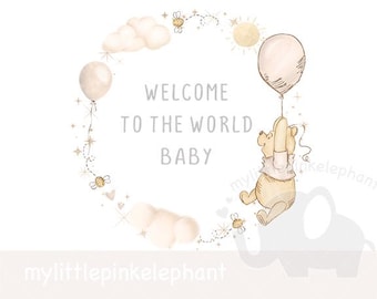 Winnie the Pooh balloon beige PNG, Welcome To The World Baby gender reveal Sublimation Design, New Baby Boy Girl Design, Instant Download