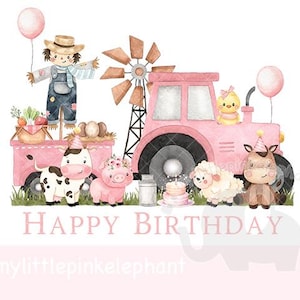 Anniversaire fille rose ferme grange anniversaire fille PNG, conception en sublimation animaux de la ferme, conception de t-shirt ferme les filles, téléchargement immédiat