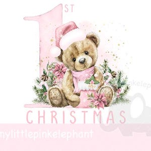 Pink Christmas Bear Santa first Christmas PNG, Bear Sublimation, Christmas Teddy Bear, Christmas Card, Santa Sack Design, Instant Download