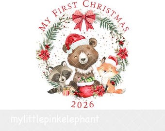 Christmas Forest Animals poinsettia Wreath PNG, Woodland Animals Sublimation Design, Baby 1st Christmas, Santa Bear, Instant Download