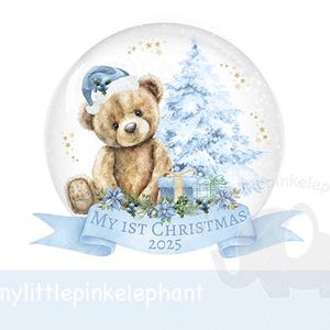Blue Teddy Bear & Christmas Tree Snow Globe PNG, Teddy Bear Sublimation Design, Christmas Eve Box Design, Bauble, Instant Digital Download