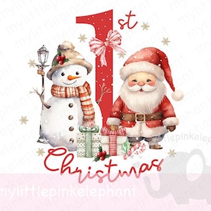 1st Christmas Red Santa & Snowman PNG, Baby&#39;s First Christmas, 1st Christmas Holiday Sublimation, Jolly Santa, Instant Digital Download