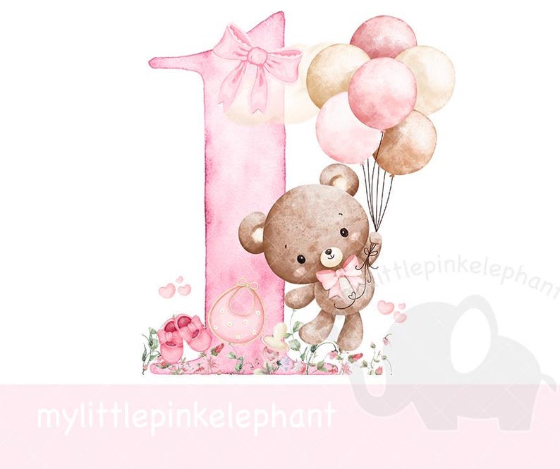 Watercolor Teddy Bear Pink Balloons 1st Birthday PNG, First Birthday ...