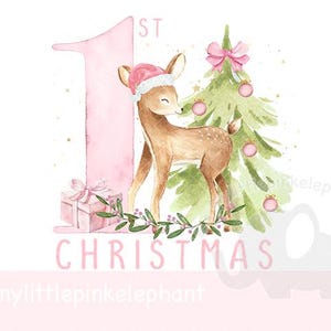ピンクの1stクリスマス鹿PNG、クリスマス鹿、クリスマスホリデー昇華、ピンクのスカーフを巻いたかわいい鹿、トナカイ、インスタントデジタルダウンロード
