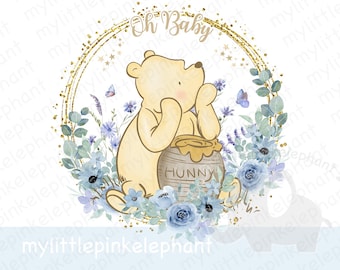 Classic Winnie The Pooh Oh Baby Blue Floral Wreath PNG, Winnie The Pooh Baby Shower Sublimation, Pooh Honey Pot, Instant Digital Download