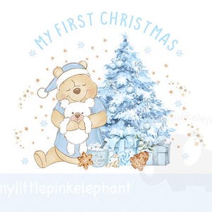 Blue Winnie The Pooh Christmas Rainbow PNG, Baby&#39;s 1st Christmas T shirt Sublimation, Christmas Eve Box, Christmas Sack, Instant Download