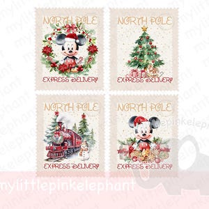 Juego de sellos postales del Polo Norte, Mikey Mouse PNG, Juego de sellos postales del Polo Norte, Pegatinas, Sellos de cartas de Papá Noel, Marca postal, Descarga digital instantánea