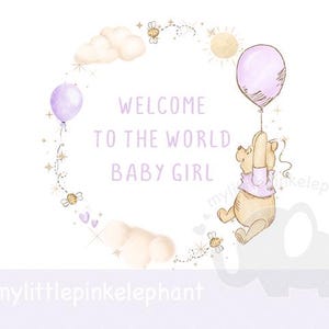 Winnie the Pooh Ballon lila PNG, Willkommen in der Welt Baby Boy Sublimationsdesign, neues Baby Boy Kartendesign, sofortiger digitaler Download