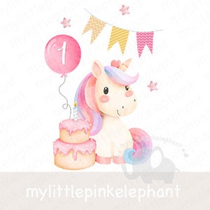1º aniversário Unicórnio clipart, imagem de balão de número, png download instantâneo para artesanato de sublimação, fabricação de cartões, topo de bolo, festa