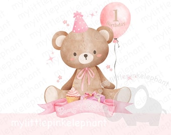 Teddy Bear Pink Balloon 1st Birthday PNG, Beary 1st Birthday ...