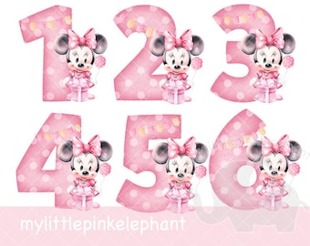 Números clásicos de Minnie Mouse del 1 al 9 para cumpleaños (PNG), sublimación para camisetas de cumpleaños infantiles, cumpleaños de Minnie, tarta de cumpleaños, impresión digital instantánea, UV/DTF