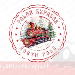 Sello Polar Express rojo Clipart, tren navideño tradicional, campana Believe, diseño de camiseta PNG, boleto, diseño de tarjeta, imagen de sublimación