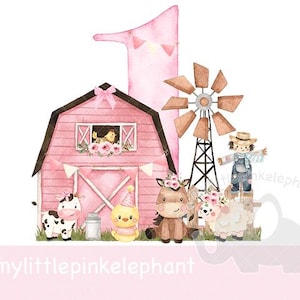 1er anniversaire petite fille rose ferme grange anniversaire fille PNG, conception de sublimation d'animaux de ferme, conception de T shirt de ferme de filles, téléchargement immédiat