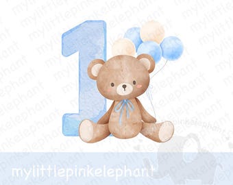 Teddy Bear Blue Balloon 1st Birthday PNG, First Birthday Sublimation ...