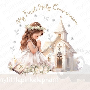 Ma première communion PNG, clipart première Communion fille en prière, conception de carte de Sainte Communion, téléchargement numérique instantané