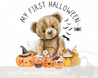 My First Halloween Teddy Bear & Pumpkin PNG, Teddy Bear Design, First Halloween T-Shirt, 1st Halloween Treat Bag, Instant Digital Download