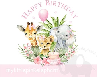Girls Wild One Baby Safari Animals In Flower Happy birthday PNG, First Birthday Sublimation Design, Girl Birthday Party, Instant Download