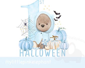 Meu primeiro ursinho de pelúcia de Halloween, abóbora azul PNG, design de sublimação para camiseta de bebê do primeiro Halloween, sacola de guloseimas de Halloween, download instantâneo