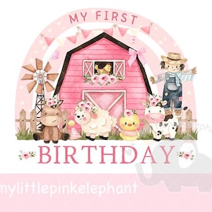 1er anniversaire petite fille rose ferme grange anniversaire fille PNG, conception de sublimation d'animaux de ferme, conception de T shirt de ferme de filles, téléchargement immédiat