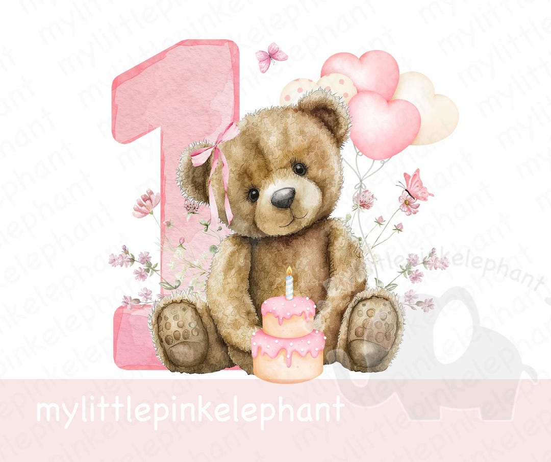 Watercolor Teddy Bear Pink Balloons 1st Birthday PNG, First Birthday ...