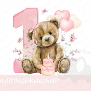 Watercolor Teddy Bear Pink Balloons 1st Birthday PNG, First Birthday Sublimation Design, Baby girls First Birthday, Instant Digital Download