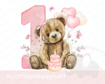 Teddy Bear Pink Balloons 1st Birthday PNG, First Birthday Sublimation ...