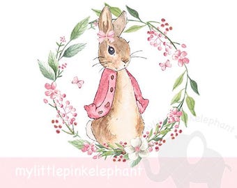 Couronne de fleurs rose Flopsy Bunny PNG, conception de sublimation de lapin rose, nouveau bébé, baby shower, 1er anniversaire de lapin, téléchargement immédiat