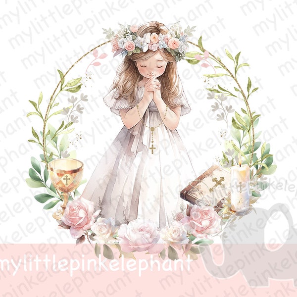 First Holy Communion Wreath PNG, Girls 1st Communion Sublimation Design, Eucalyptus Floral Wreath, Bible, Praying, Instant Digital Download