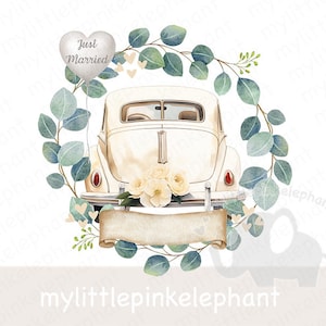 Just Married PNG, trouwauto download Instant Print, Mr & Mrs aquarel clipart, sublimatie ontwerpen, kaartontwerp, download