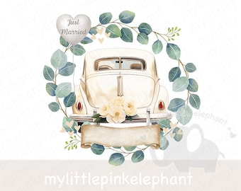 Just Married PNG, Wedding Car Download Instant Print, Mr & Mrs Watercolour Clipart, Sublimation Designs, Card Design, Download