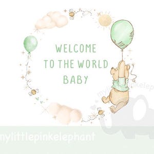 Globo verde de Winnie the Pooh PNG, diseño de sublimación "Bienvenido al mundo" para bebé niño, diseño de tarjeta para bebé niño, descarga digital instantánea