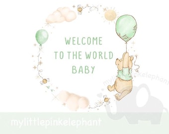 Winnie the Pooh balloon green PNG, Welcome To The World Baby Boy Sublimation Design, New Baby Boy Card Design, Instant Digital Download