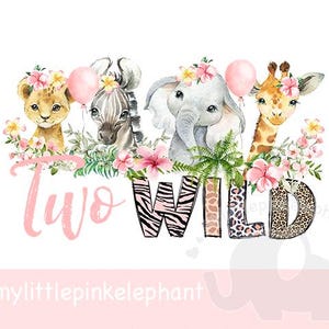 Meisjes wilde twee babysafari dieren in bloem kronen PNG, eerste verjaardag sublimatie ontwerp, 2e verjaardagsfeestje, instant digitale download