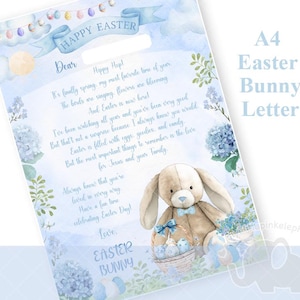 Carta de conejo de Pascua azul A4, carta de conejo de orejas caídas con canasta de Pascua, nota de conejo de Pascua azul feliz, JPG, carta imprimible, descarga instantánea