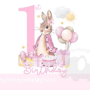 Peter Rabbit 1st birthday girl png, Birthday, pink, png download, transparent background, 1st birthday, first keepsake, digital download