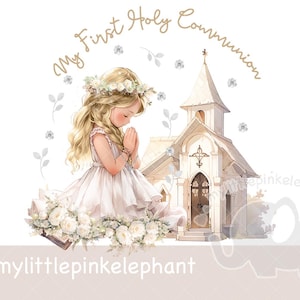 Meine erste heilige Kommunion PNG, betendes Mädchen blonde Erstkommunion Clipart, Kommunion Kartendesign, sofortiger digitaler Download