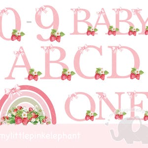 Clipart di compleanno di fragole PNG Bacca carina 0-9, set completo di numeri abc Immagine stirabile Sublimazione Creazione di biglietti alfabeto trasparente