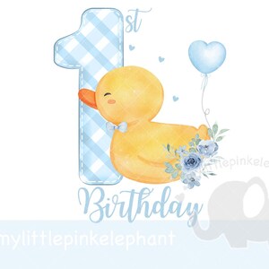 Blaue Ente PNG, Ente 1. Geburtstag Sublimationsdesign, Gummiente Geburtstagsfeier Dekor, gelbe Entenparty, Enten, Sofort-Download