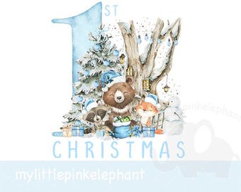 Blue My First Halloween woodland PNG, Happy Christmas woodland animals Sublimation Design, Blue Christmas, Instant Download