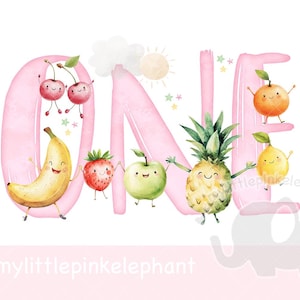 Peut inclure: Illustration aquarelle rose du mot &laquo;&nbsp;UN&nbsp;&raquo; avec des personnages de fruits. Les lettres sont d&eacute;cor&eacute;es d'une banane, d'une fraise, d'une pomme, d'un ananas et d'une orange. Le mot &laquo;&nbsp;mylittlepinkelephant&nbsp;&raquo; est &eacute;crit en bas de l'image.