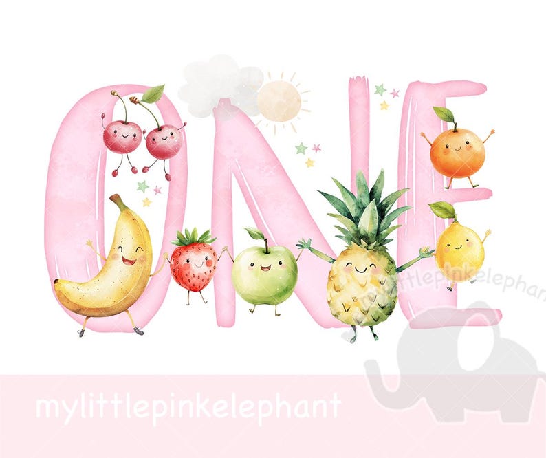 Peut inclure: Illustration aquarelle rose du mot &laquo;&nbsp;UN&nbsp;&raquo; avec des personnages de fruits. Les lettres sont d&eacute;cor&eacute;es d'une banane, d'une fraise, d'une pomme, d'un ananas et d'une orange. Le mot &laquo;&nbsp;mylittlepinkelephant&nbsp;&raquo; est &eacute;crit en bas de l'image.