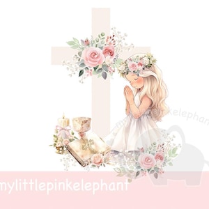 Meisjescommunie PNG, sublimatieontwerp, communie digitale download, communie png, kelkcommunie, biddende handen, bevestiging png