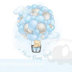 Bleu bébé Winnie montgolfière garçon PNG, sublimation de ballon ours, conception de douche bleue, ballon bleu, mouche d'ours, téléchargement immédiat