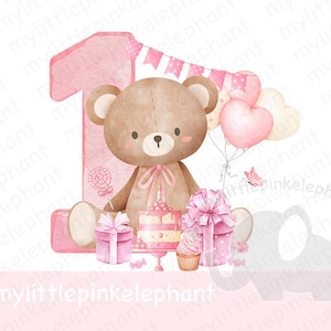 Watercolor Teddy Bear Pink Balloons 1st Birthday PNG, First Birthday Sublimation Design, Baby girls First Birthday, Instant Digital Download