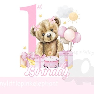 First Birthday Teddy Bear Pink Balloon 1st Birthday PNG, Beary 1st Birthday Sublimation Design, Pink Girl First Birthday, Instant Download
