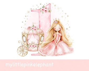 Pink Princess 1st Birthday PNG, First Birthday Sublimation Design, Girl's 1st Birthday, Princess Carriage Birthday, Instant Digital Download