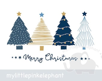 Merry Christmas PNG, Christmas Trees PNG, Digital download, Christmas Shirt Design, Christmas Sublimation, Minimalist, Blue and Gold, Navy